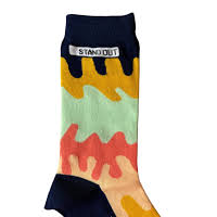 Socks show the logo at the top and are coloueed dark blue, pale tuquoise, mustard yellow and pink in a wavy squiggle design